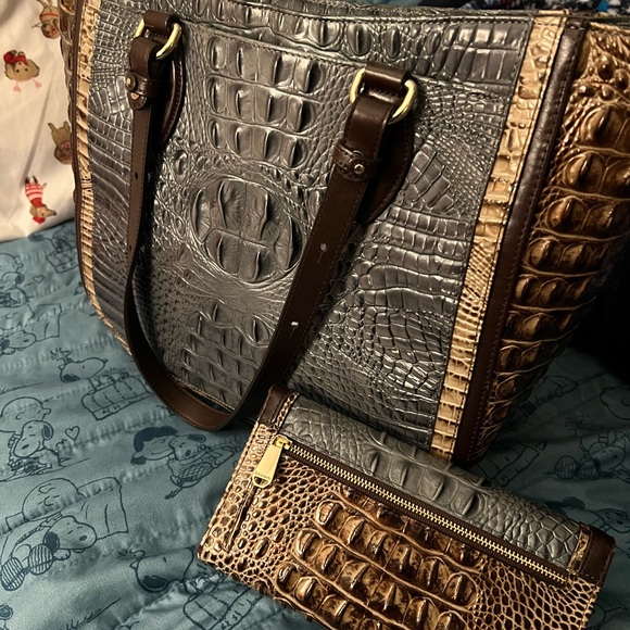 Brahmin Crocodile-Embossed Tote - Gray and Brown - Picture 2 of 4